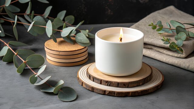 Candle with Eucalyptus on Dark Grey Background
