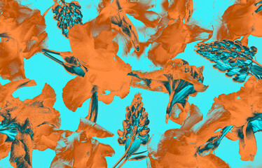 Abstract orange irises and lavender flowers on cyan background. Artistic digital floral pattern. Full bloom