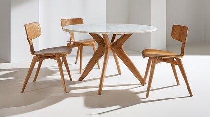 Light-colored wood dining set with round marble table.