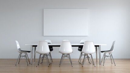 Modern meeting office with blank white wall, table and chairs. Workplace and lifestyle concept. 3D Rendering, no logos, no brands