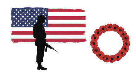 Photo of a soldier with a rifle next to the american flag and a poppy wreath for memorial day isolated on transparent background