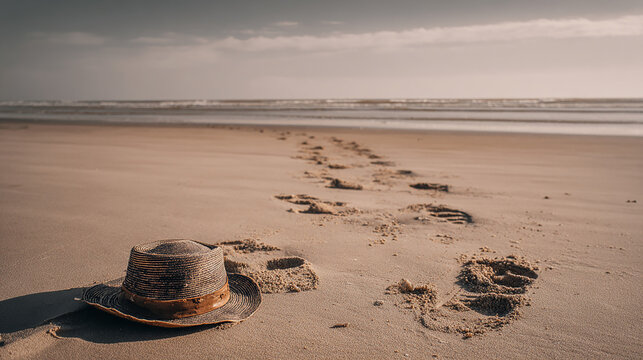 Faded Footprints Leading into the Sea with Empty Hat Lying in Sand, memory of a quiet goodbye, soft-toned and emotionally still, 4k, sea beach image, no blur, clear view