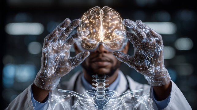 Scientist with augmented reality gloves interacting with a digital brain and skeletal system on a high-resolution holographic medical display AR healthcare, brain interface, digita