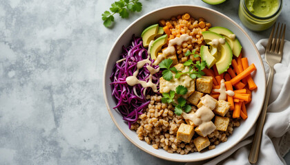 Flat-Lay of Healthy Vegan Buddha Bowl with Tofu, Avocado, and Colorful Vegetables in Natural Daylight