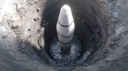 Large ICBM rocket in underground missile silo, view from above. Generative AI