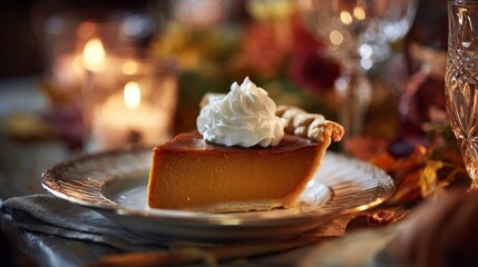 Sweet potato pie slice with whipped cream. Autumn table setting