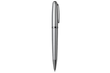 Silver pen positioned vertically, showcasing minimalist metallic design against clear backdrop for professional writing environments