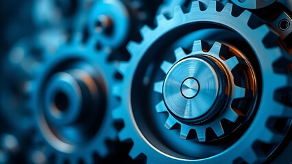Abstract composition of metallic blue gears against a smooth blurred background, industrial aesthetic.