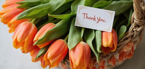 Vibrant orange tulips in woven basket arrangement. Fresh flowers in spring display. Small white card with thank you message. Bouquet of tulips in elegant wooden basket.