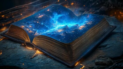 Enchanted open book revealing galaxy and stars on dark surface  