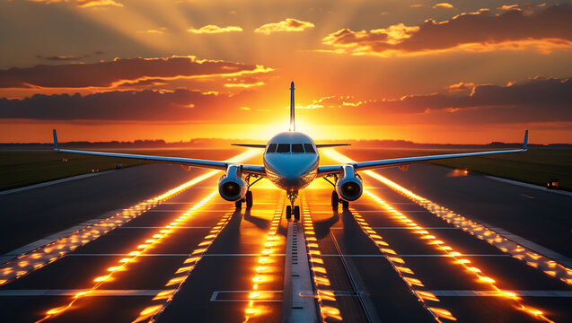 Cinematic twin-engine propeller airplane on a wet runway at dramatic sunset. Aviation grandeur with golden light and vibrant, cloudy sky.