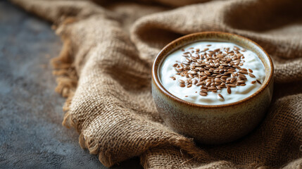 A ceramic bowl brimming with flax seeds and yogurt sits on a rustic burlap cloth, a delicious and healthy snack.