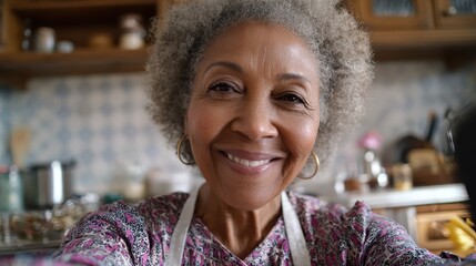 A senior african american woman is is making a selfie while smiling with a profesional camera in a kitchen while cooking a low tech social media woman