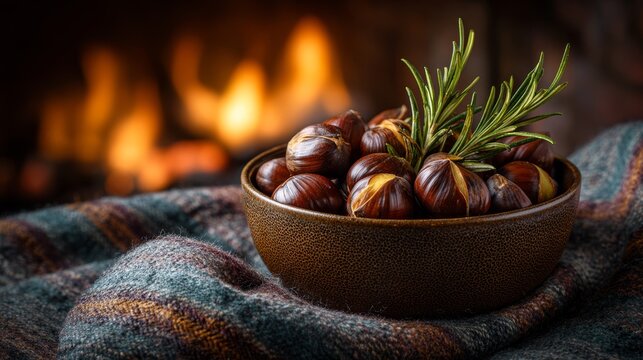 Roasted chestnuts bowl with rosemary sprig. Cozy fireplace glow and textured fabric background