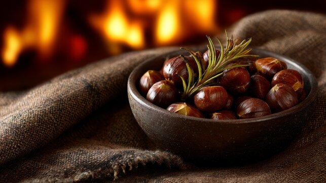Roasted chestnuts bowl with rosemary sprig. Cozy fireplace glow and textured fabric background