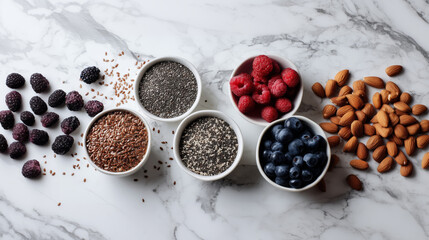 A flat lay shows five white bowls, each filled with superfoods: flax seeds, chia seeds, raspberries, and blueberries, alongside loose almonds and blackberries, all on a marble background.