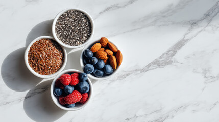 A flat lay shows four white bowls, each filled with superfoods: flax seeds, chia seeds, almonds, and mixed berries, arranged on a white marble background.