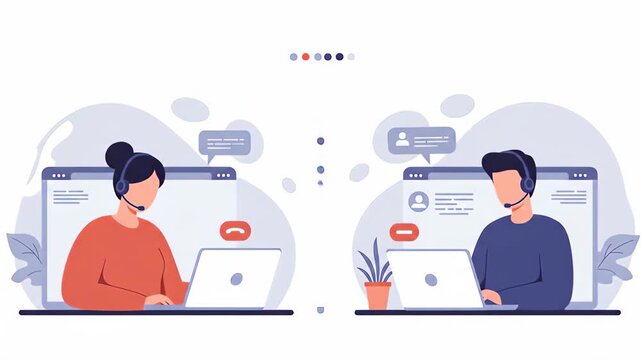 Flat vector a customer service team providing online support through virtual calls and remote communication