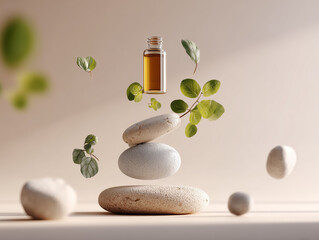 A minimalist, floating scene features wellness objects like stacked spa stones, an essential oil bottle, and scattered green leaves, all set against a soft, neutral background.