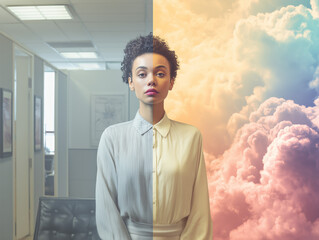 A split-screen image features a woman, with one half in an office environment and the other against a vibrant, cloudy sky, symbolizing different realms.