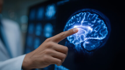 Close-up of brain imaging scan on lightbox, doctor's hand pointing at critical area brain CT scan, medical analysis, neurological exam, healthcare diagnostics, radiological review,