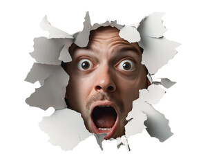 A man's face with wide eyes and an open mouth, appearing startled as he emerges through a torn hole in a white surface.