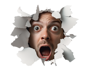 A man's face with wide eyes and an open mouth, appearing startled as he emerges through a torn hole in a white surface.