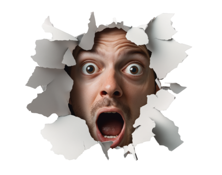 A man's face with wide eyes and an open mouth, appearing startled as he emerges through a torn hole in a white surface.
