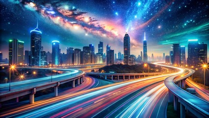 Fototapeta premium Photo of a vibrant cityscape at night with light trails under a starry galaxy sky