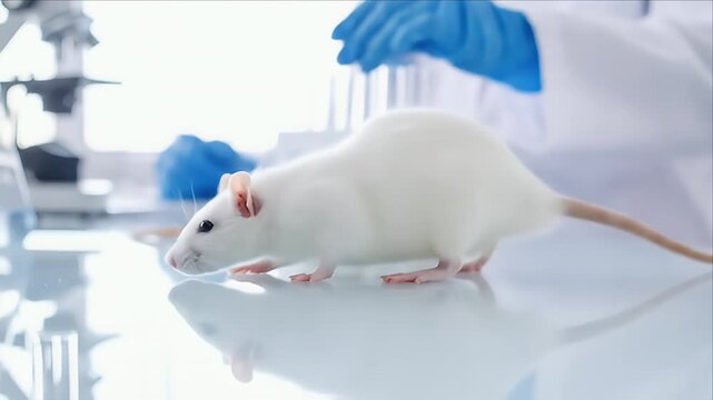 Two white rodents on a lab table with scientist's gloved hands in the background