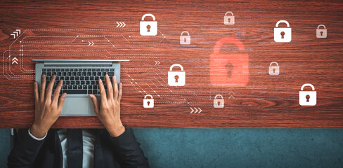 Digital security concept illustrating a cybersecurity breach, with a red unlocked padlock...