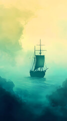 A silhouette of a sailing ship navigating through foggy waters under a dramatic sky