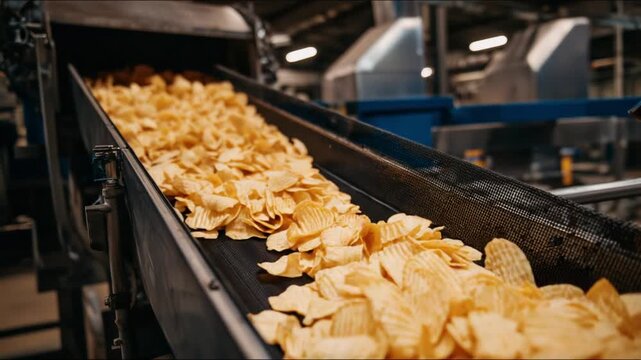 High-tech snack manufacturing: freshly cooked chips being seasoned on a tilted conveyor with food-safe metal chutes and ducts.