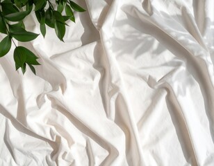 crinkled off-white cotton cloth with soft leaf shadows, top-down photorealistic flatlay with diffused natural light, calm neutral fabric scene