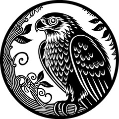 Vector art of a striking falcon perches on a branch, rendered in a monochrome illustration