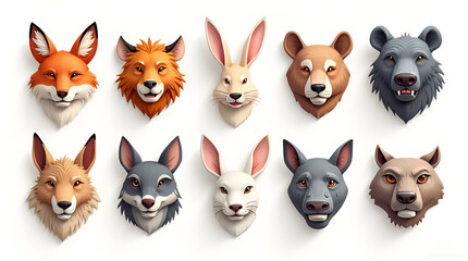 Obraz premium Set of diverse animal head portraits including fox rabbit bear and wolf isolated