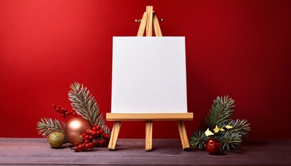 wooden easel with blank canvas on christmas red background