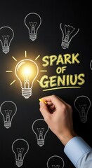 Hand drawing glowing light bulb and text spark of genius on blackboard idea innovation