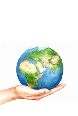Hand holding a planet in watercolor style on a white background with space for text. World environment day. Earth Day. Geography awareness week