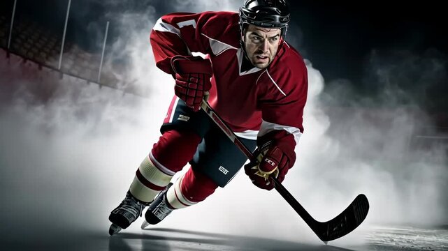 Dynamic low-angle shot of a hockey player in action, emphasizing speed and intensity, ideal for a sports video theme with dramatic lighting.