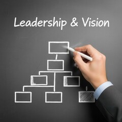 Fototapeta premium Hand drawing organizational chart on blackboard with leadership and vision text chalk business