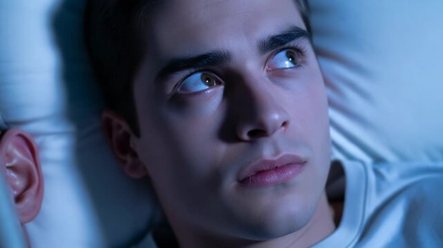 Closeup of a young mans face looking upwards with a worried expression in dim blue light