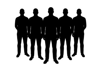 A group of five silhouetted figures standing together against a stark white background formation and posing  