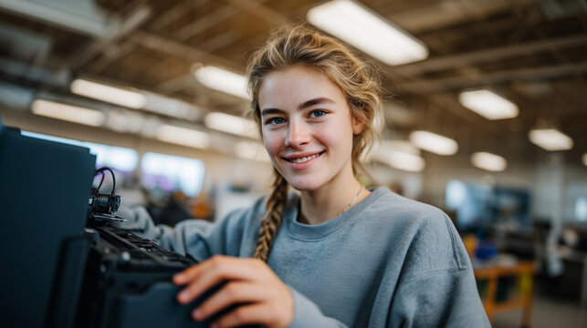 Teenage girl adjusting a 3D printer in a tech lab, learning robotics and engineering hands-on girl using 3d printer, young engineer, STEM education, robotics student, technology la