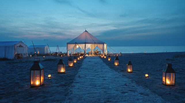 Twilight beach scene with trail of warm lantern light guiding to illuminated coastal tent, framed by fading blue hour sky – quiet ambiance with distant waves, 4k, sea beach image, no blur, clear view - Powered by Adobe