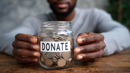 Prompt 1: A person holding a glass jar labeled "DONATE" filled with coins, symbolizing charity and generosity on a wooden table with a soft neutral background charity support, fund