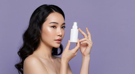 Fototapeta premium A beautiful woman showcasing a skincare product with elegance and grace. Her skin radiates health and beauty. The image captures a moment of self-care and product endorsement