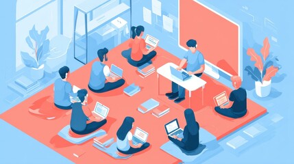 Students with laptops sitting around lector behind interactive board. Digital classroom, flipped class, blended learning and smart classroom. Modern education concept.Living coral blue vector, no log