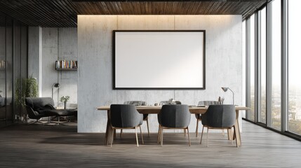 Modern office room with meeting table with empty poster and blank wall. Workplace and presentation concept. Mock up. 3D Rendering, no logos, no brands