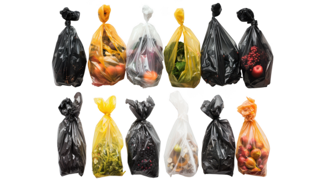A collection of various trash bags filled with different types of waste and food items, isolated on a transparent background